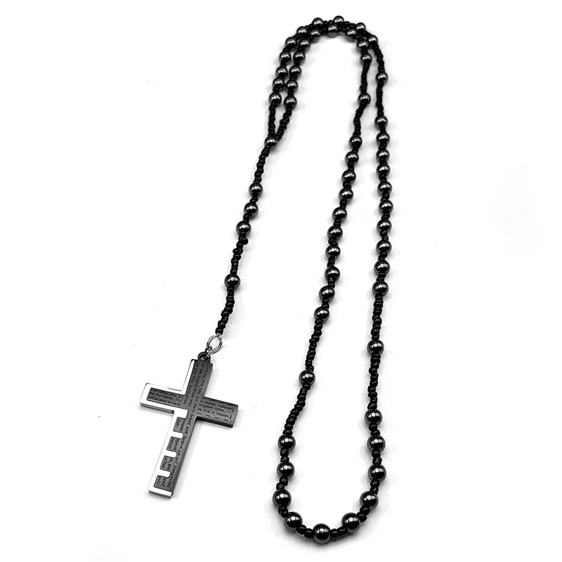 

Christian Jesus Cross Pendant Necklace for Women Men Stainless Steel Silver Color Bible Prayer Beads Rope Chain Jewelry Gift