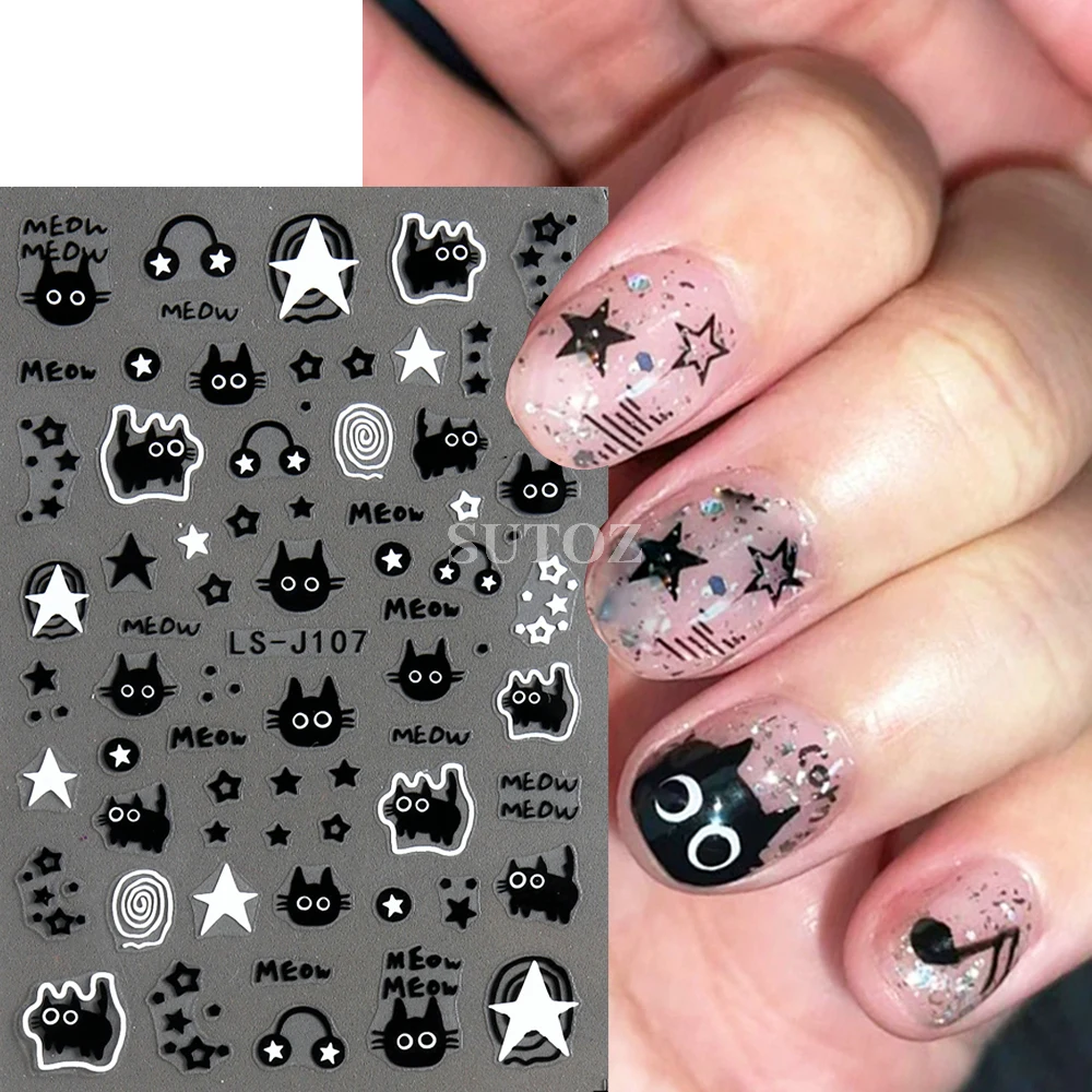 3D Black Cartoon Cute Cat Nail Stickers Cat Stars Letters Nail Sliders Y2K Korean Japanese Nail Art Manicure Decors NLLS-J107