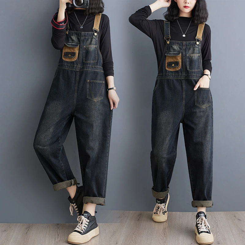 Vintage Oversized Mom Jeans Jumpsuit Women Casual Loose Wide Leg Bib Baggy Cargo Pants Patch Straps Denim Overalls Retro Rompers