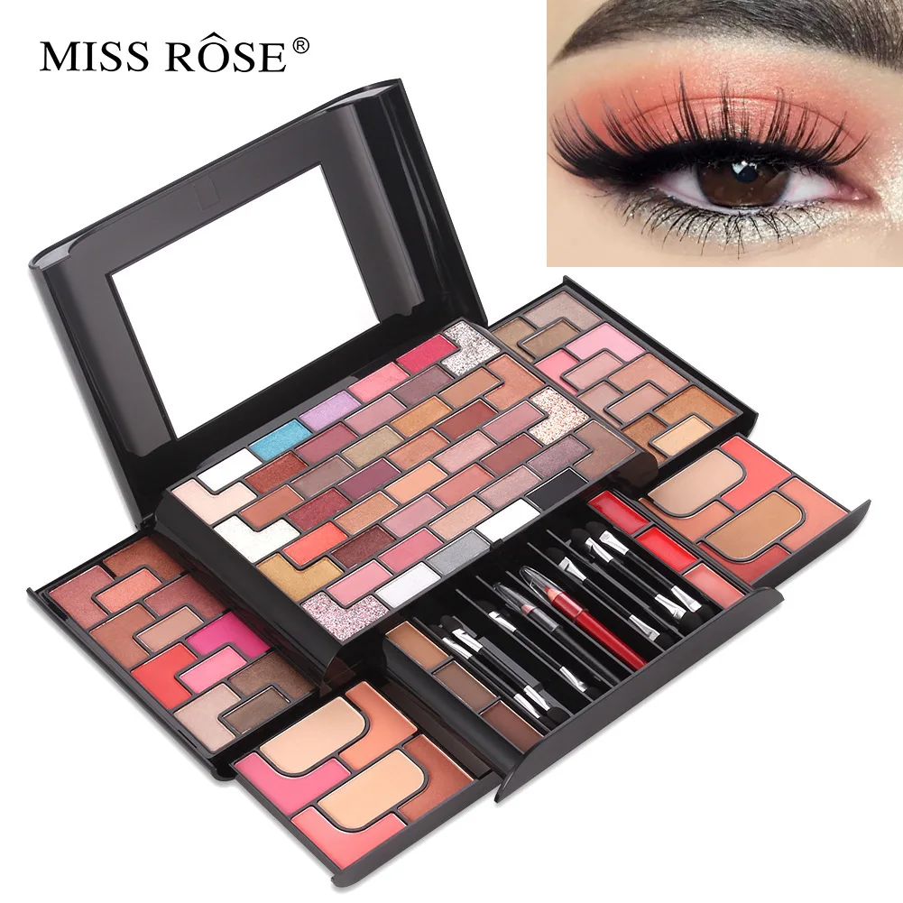 MISS ROSE 68 Color Eye Shadow 8 Color Blush 4 Color Powder Cake 3 Color Eyebrow Powder Lipstick Luxury Women Makeup Set