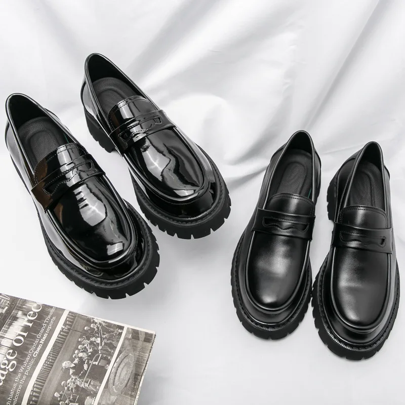 

New Platform Shoes Loafers Shoes Men Thick-soled Wedding Shoe Black Formal Business Shoes Slip-on Leather Increase Casual Shoe