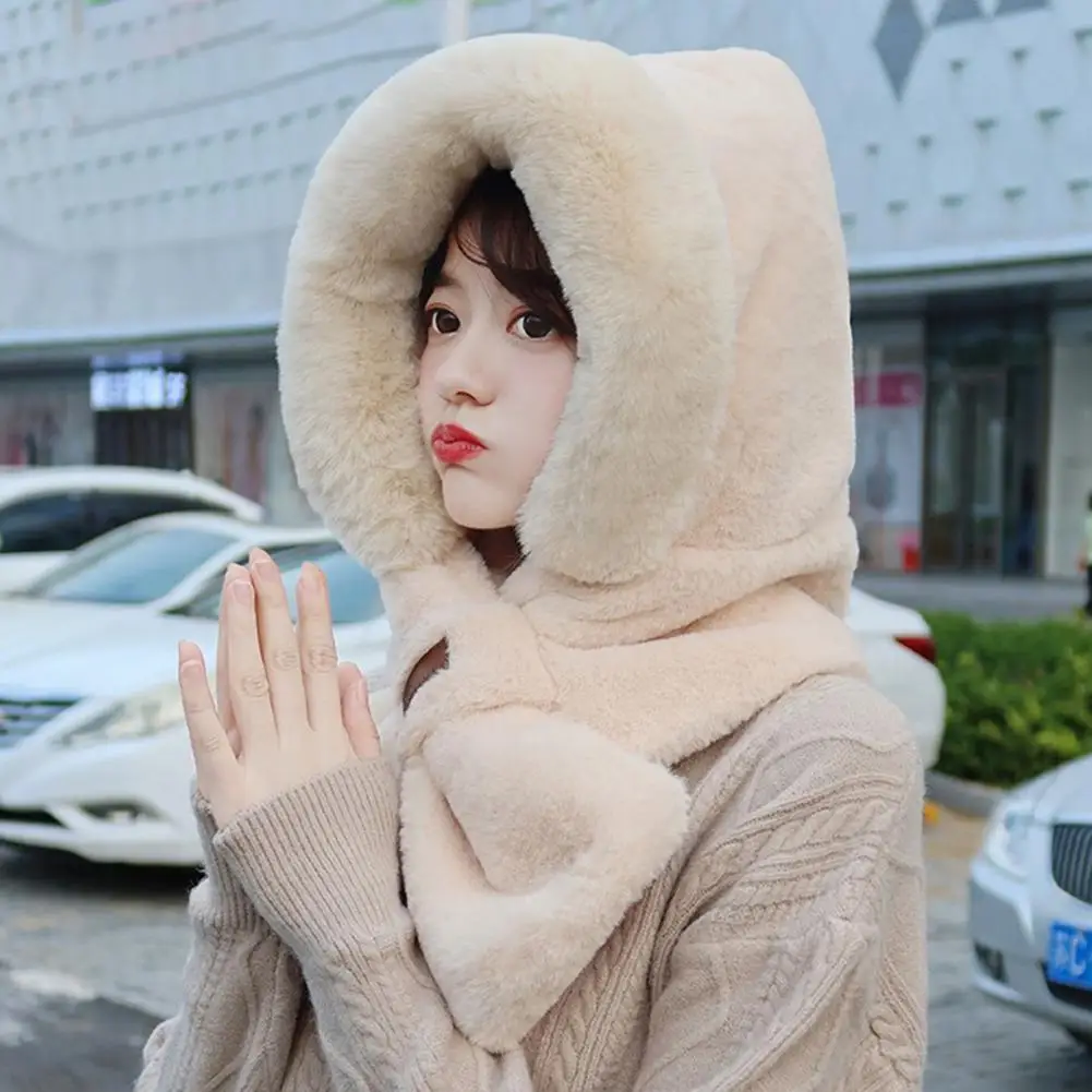 Cozy Women Hat Scarf Furry Fixed Winter Hat Scarf Ear Women Hat Scarf