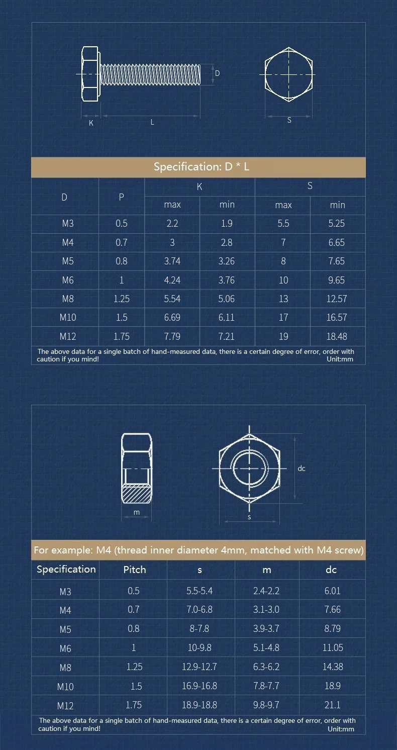 Beicai Solid Brass Hexagon Set Screws Fully Threaded Metric Bolts And Hexagon Full Nuts M3 M4 M5 M6 M8 M10 M12