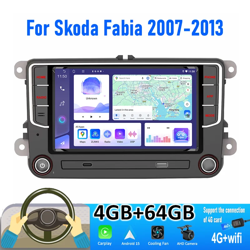

7'' 4+64GB Multimedia Player For SKODA Fabia 2007-2013 Android Radio Camera WiFi Wireless Apple Carplay 2DIN