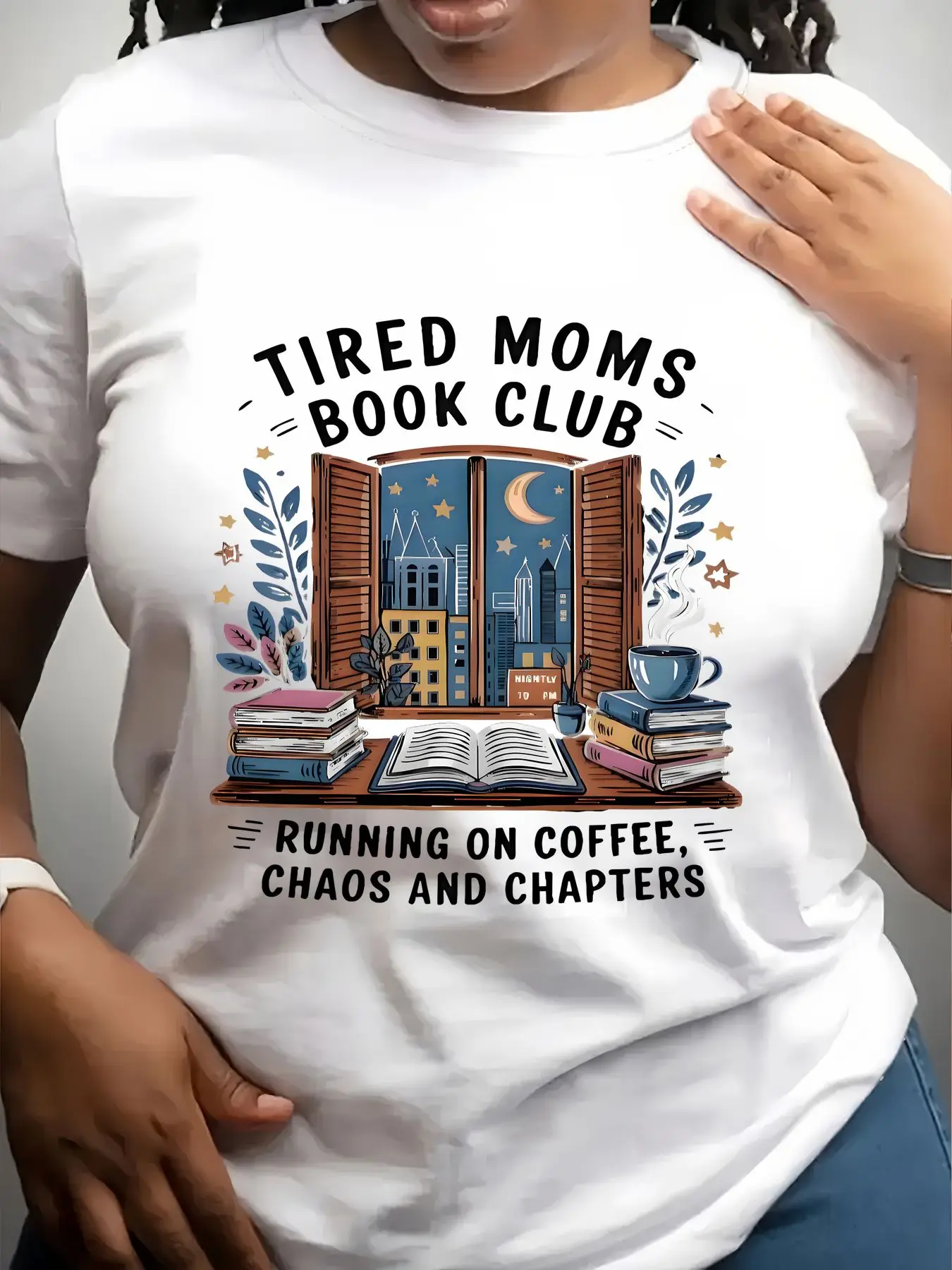 Women's Trendy Crew Neck T-Shirt Tired Moms Book Club Design Suitable for Casual Sportswear