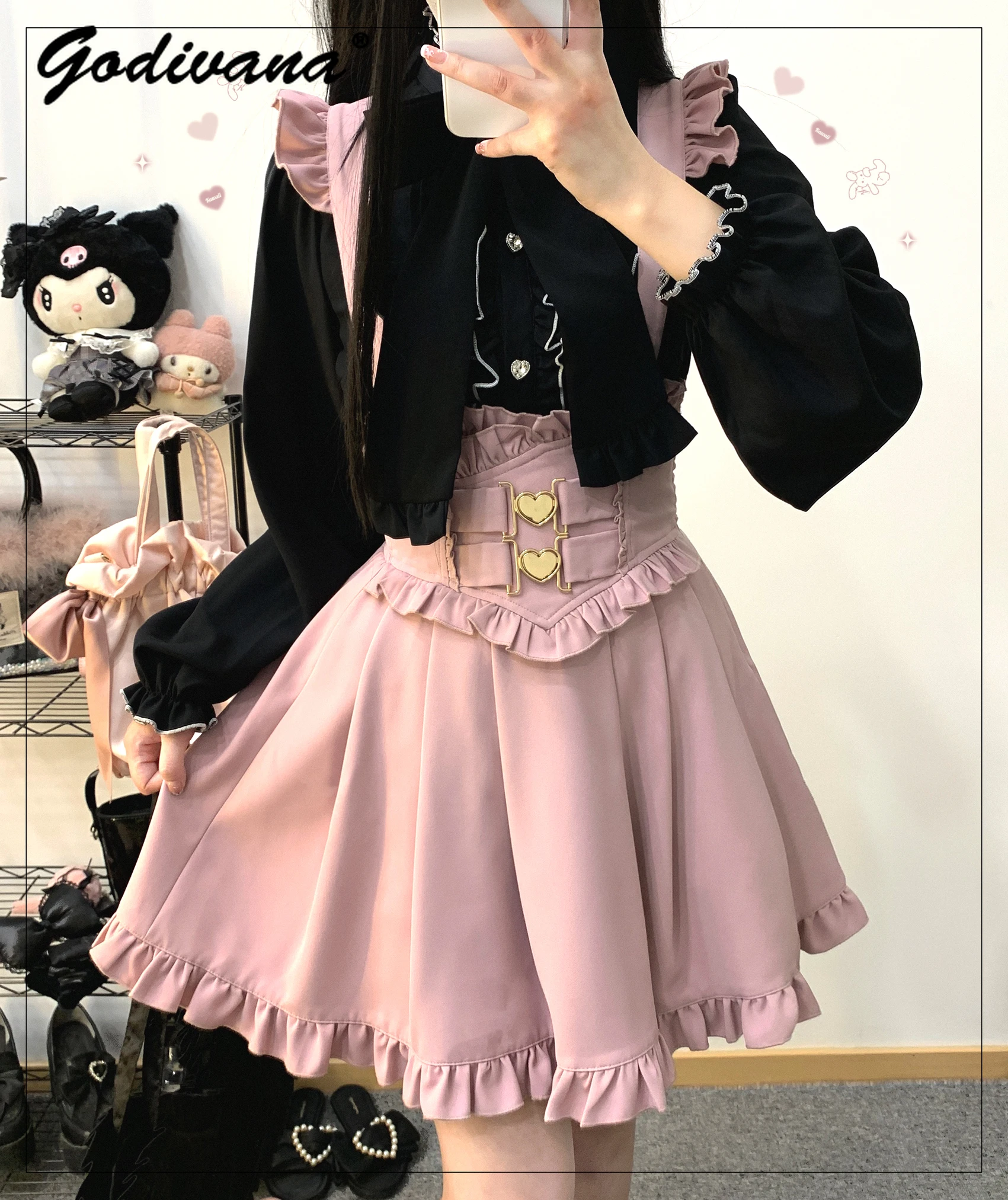 Japanese Lolita Suspender Skirt Girl Female Sweet Spring and Autumn Love Button Lace Cross High Waist Mine Strap Skirts