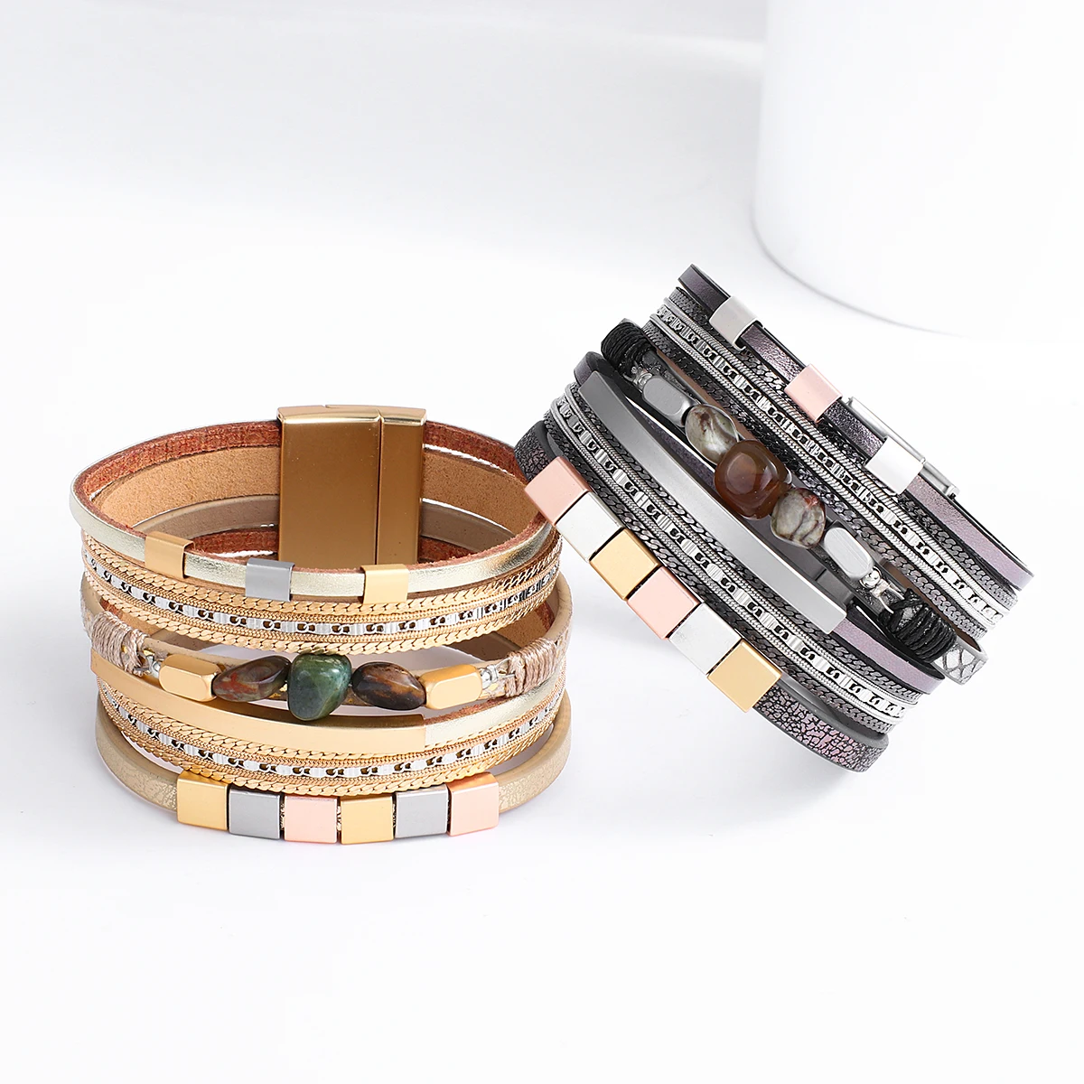

Amorcome Bohemian Fashion Natural Stones Charm Bracelets Metal Tubes Multi-layered Wrap Leather Bracelet for Women Femme Jewelry