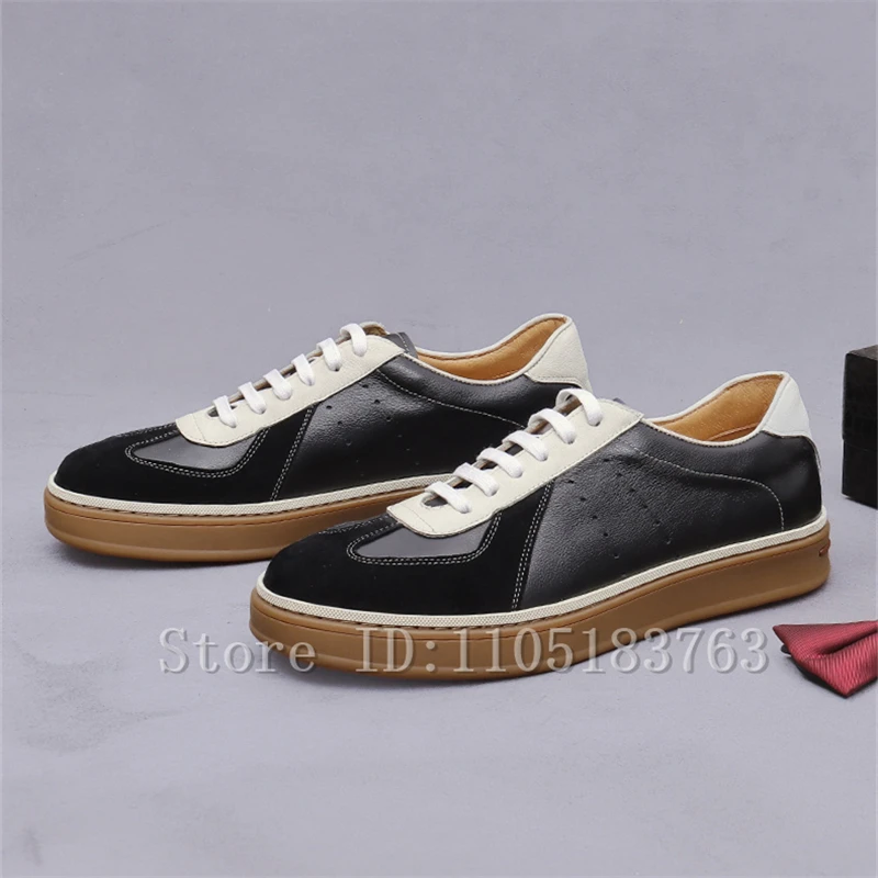 Men Color Block Leather Sneakers Low Top Lace Up Casual Board Shoes Genuine Leather Suede Splicing Breathable Casual Shoes