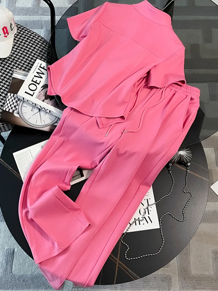 Fashion Pink Trousers Two Piece Set For Women 2023 Summer Short Sleeved Zipper Tops+Elastic Waist Casual Pants Sports Black Suit