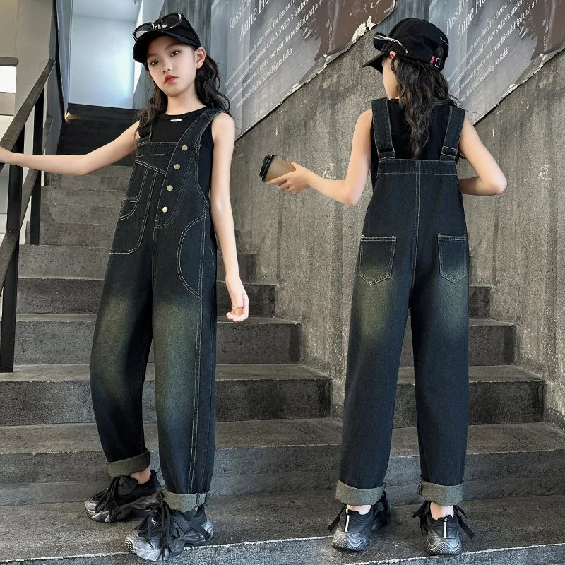 

Elegant Children Jeans Jumpsuit with Broken Holes For Girls Fashion Overalls Streetwear Kids Denim Suspenders Pants With Strap