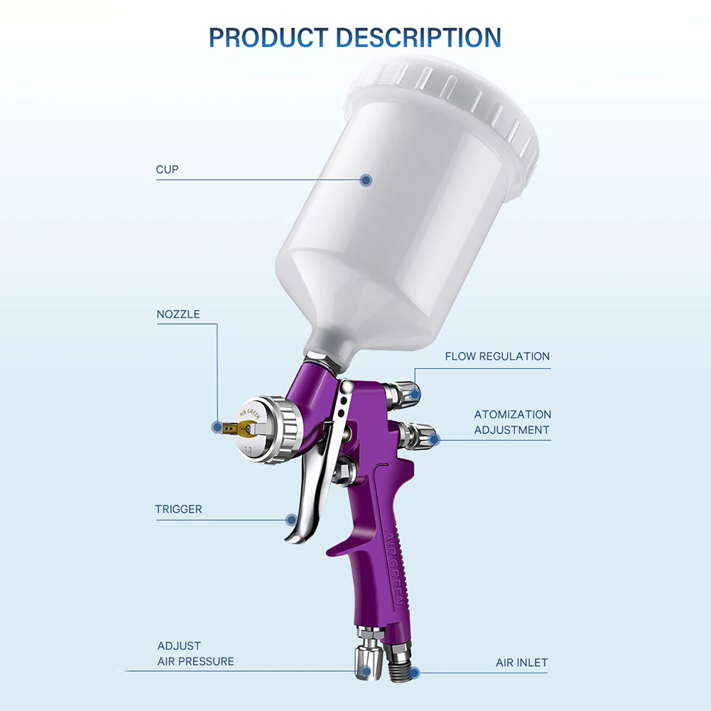 HVLP pistol semprot cat gravitasi pneumatik, perlengkapan cat semprot Nozzle 1.3MM untuk perbaikan furnitur otomotif kulit