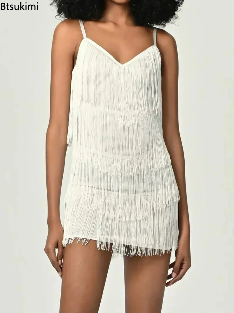 2025 feminino sexy borla vestido com decote em v sem costas clube vestidos de festa baile de formatura samba franja dança flapper lápis mini vestido