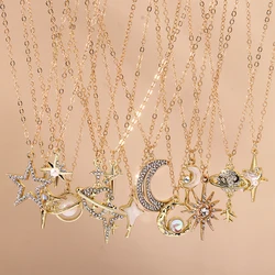 Aihua Exquisite Y2K Gold Color Crystal Sun Moon Star Necklaces for Women Korean Temperament Clavicle Chain Birthday Jewelry Gift