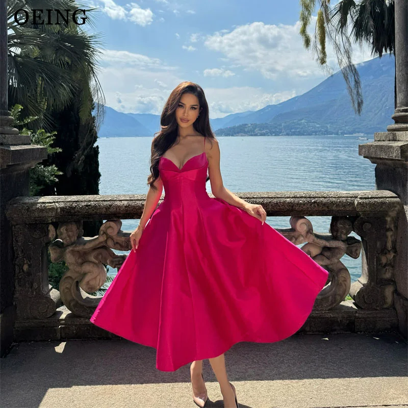 

OEING Simple Hot Pink A-Line Prom Dress Silky Spaghetti Strap Sleeveless Party Gowns Tea Length Evening Dress Customized