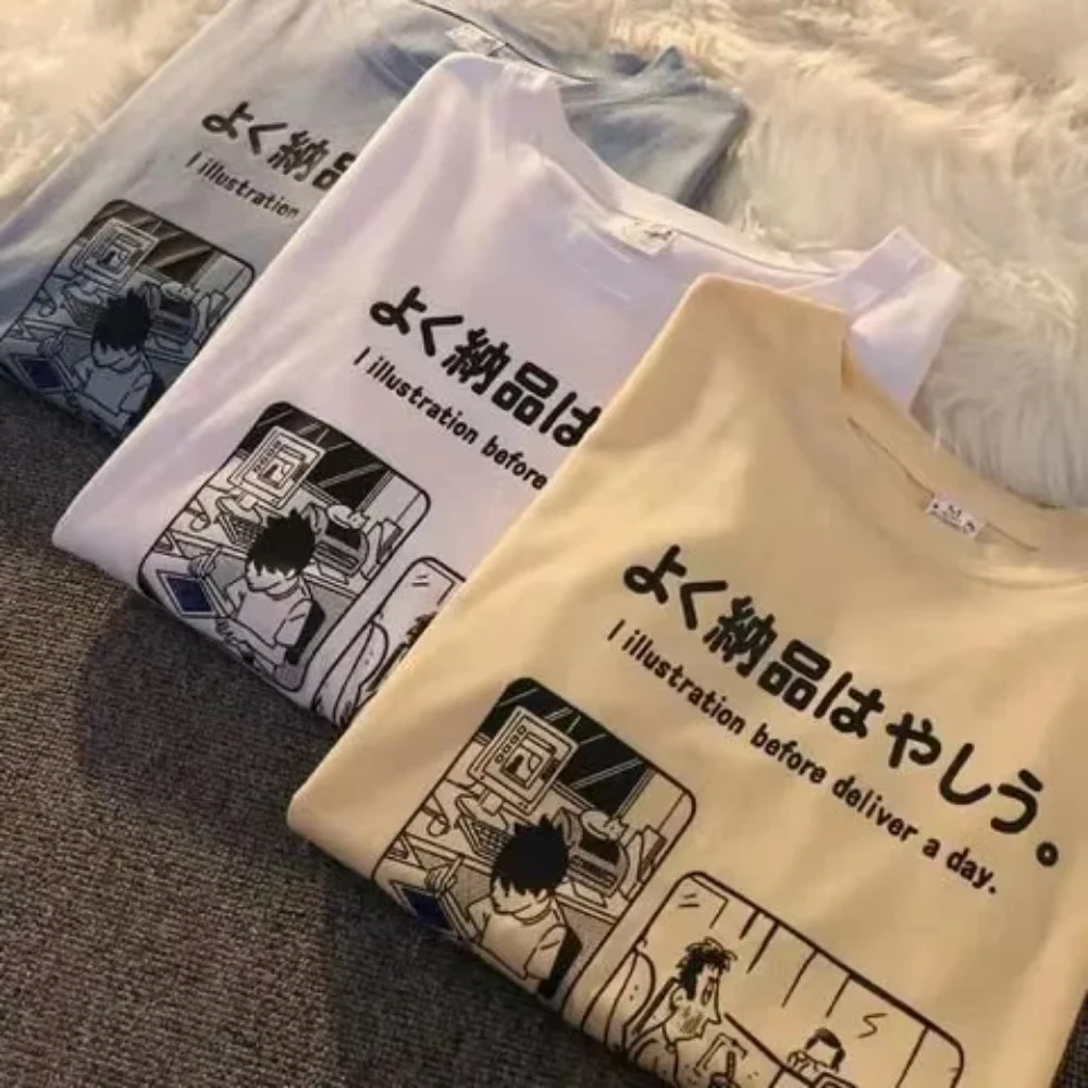 Camiseta de verano estilo Harajuku japonés de manga corta para mujer, estampado retro, informal, de gran tamaño, con cuello redondo