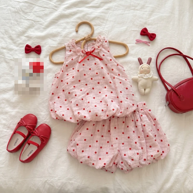 

2026 Summer New Pink Sweet Fungus Edge Wave Grid Top and Flower Bud Skirt Two Piece Set for Children