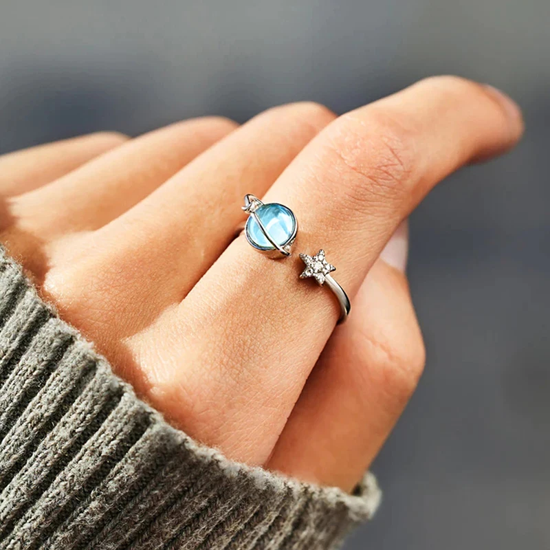 Women's Blue Planet and Silver Color Star Ring, Unique Design