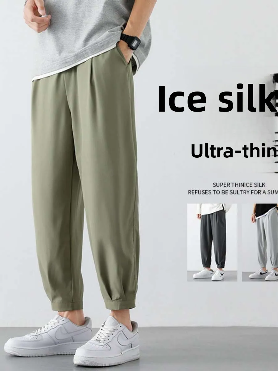 

Новые летние легкие мужские повседневные брюки из ледяного шелка, прямые спортивные брюки-карго для студентов, рабочая одежда