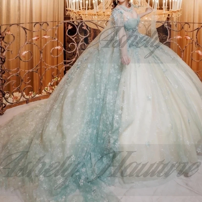 Robes de Quinceanera de sauge élégantes personnalisées avec Cape, robe de bal avec appliques florales pour femmes, tenue de bal pour occasions spéciales, fête d'anniversaire