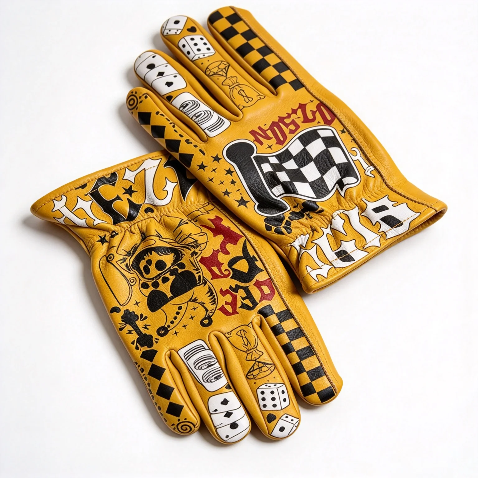 Vintage Cowhide Gloves Retro Graffiti Print Breathable Full Finger Leather Gloves For Motorcycle Riding Camping Outdoor Work Men