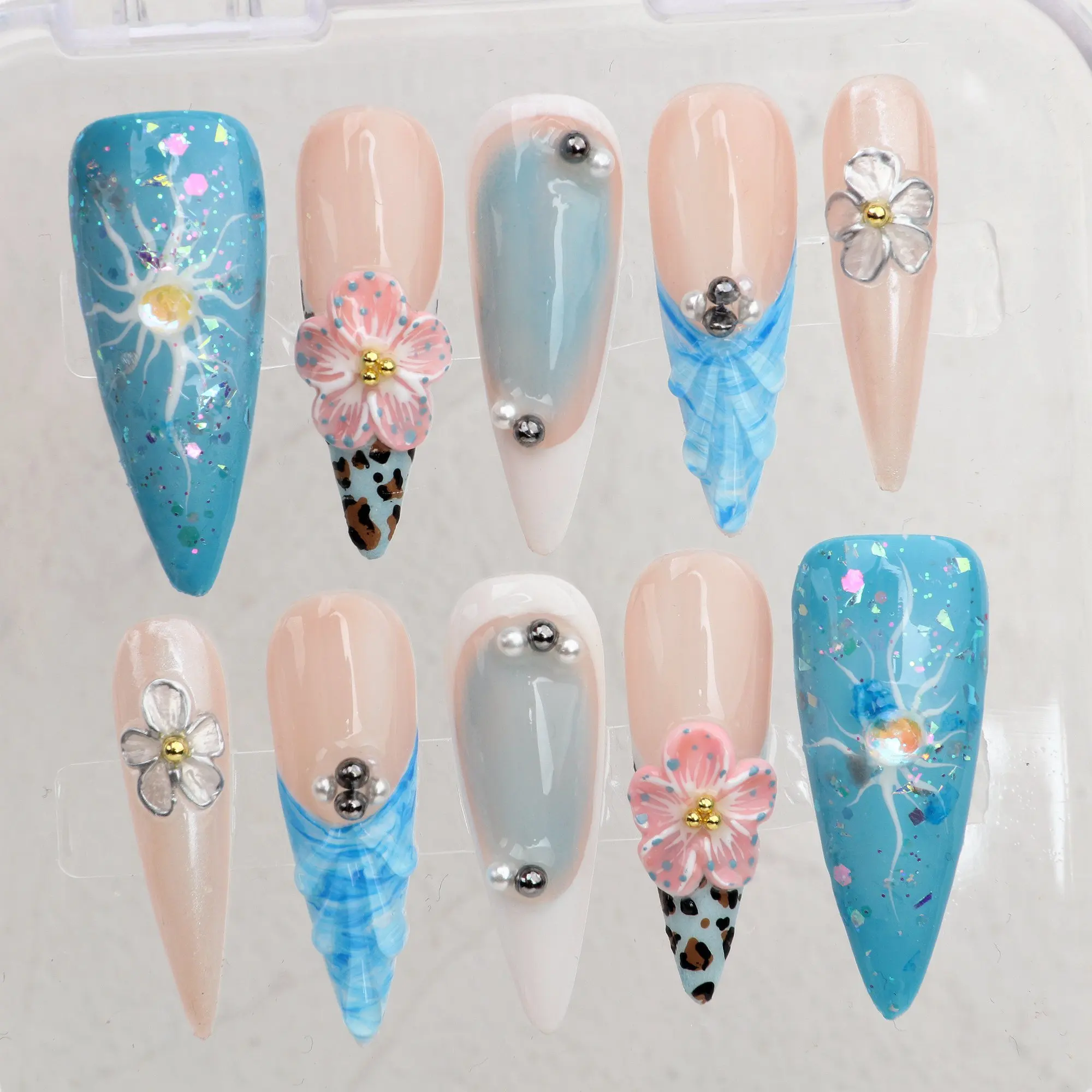 10Pcs Handmade Custom Manicure Long Stiletto Fake Nails Unique 3D Blue Flowers Press On Nails Design with Adhesive Nail File Set