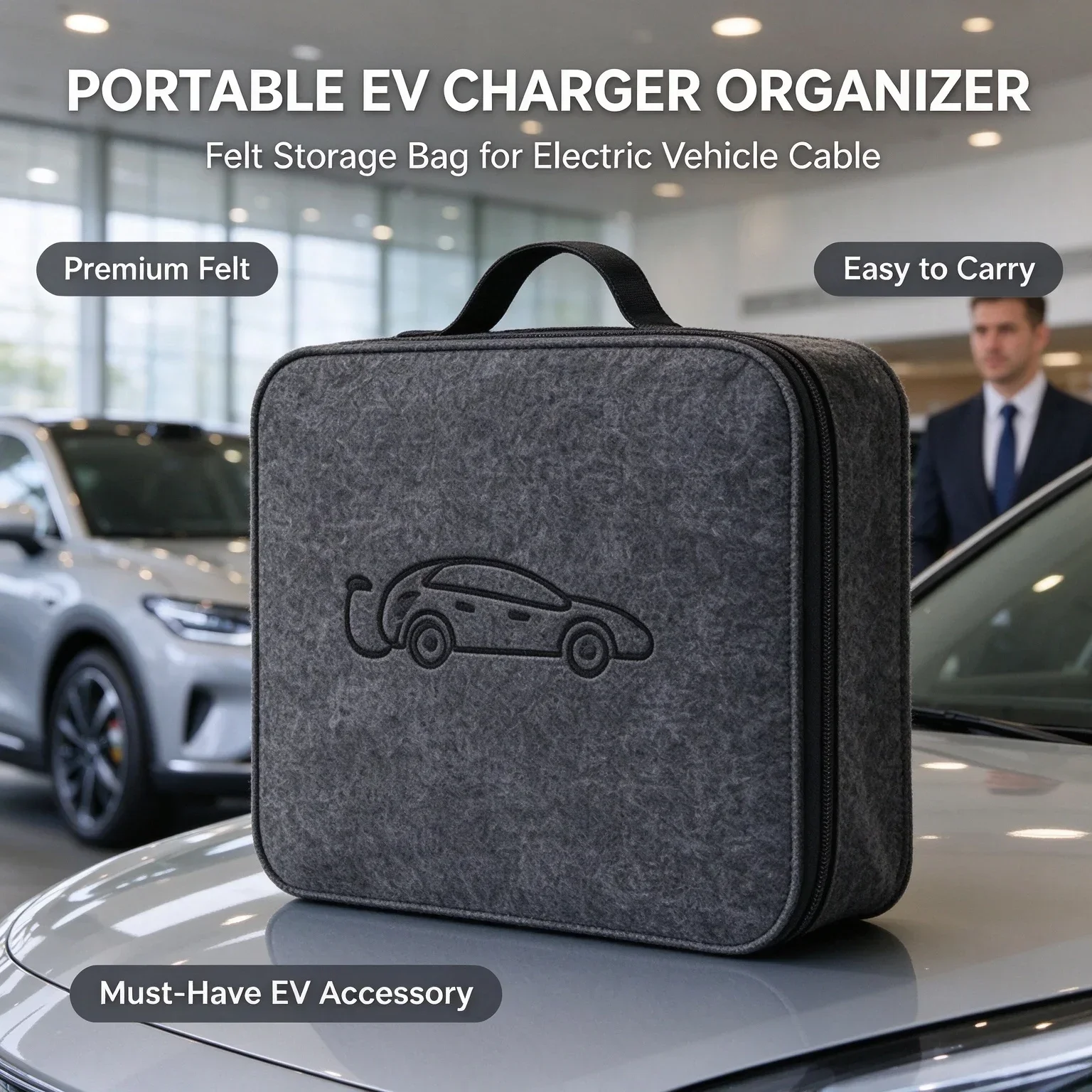 Felt EV Charger Storage Case Portable Electric Vehicle Charging Cable Organizer Bag for Car Trunk Garage Home Travel Accessories