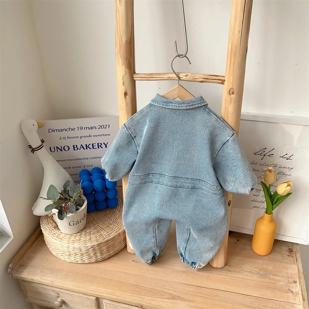 2024 Autumn Infant Baby Boys Denim Clothing - Kids Newborn Embroidery Cartoon Bear Romper , Toddler Jumpsuits 0-24M