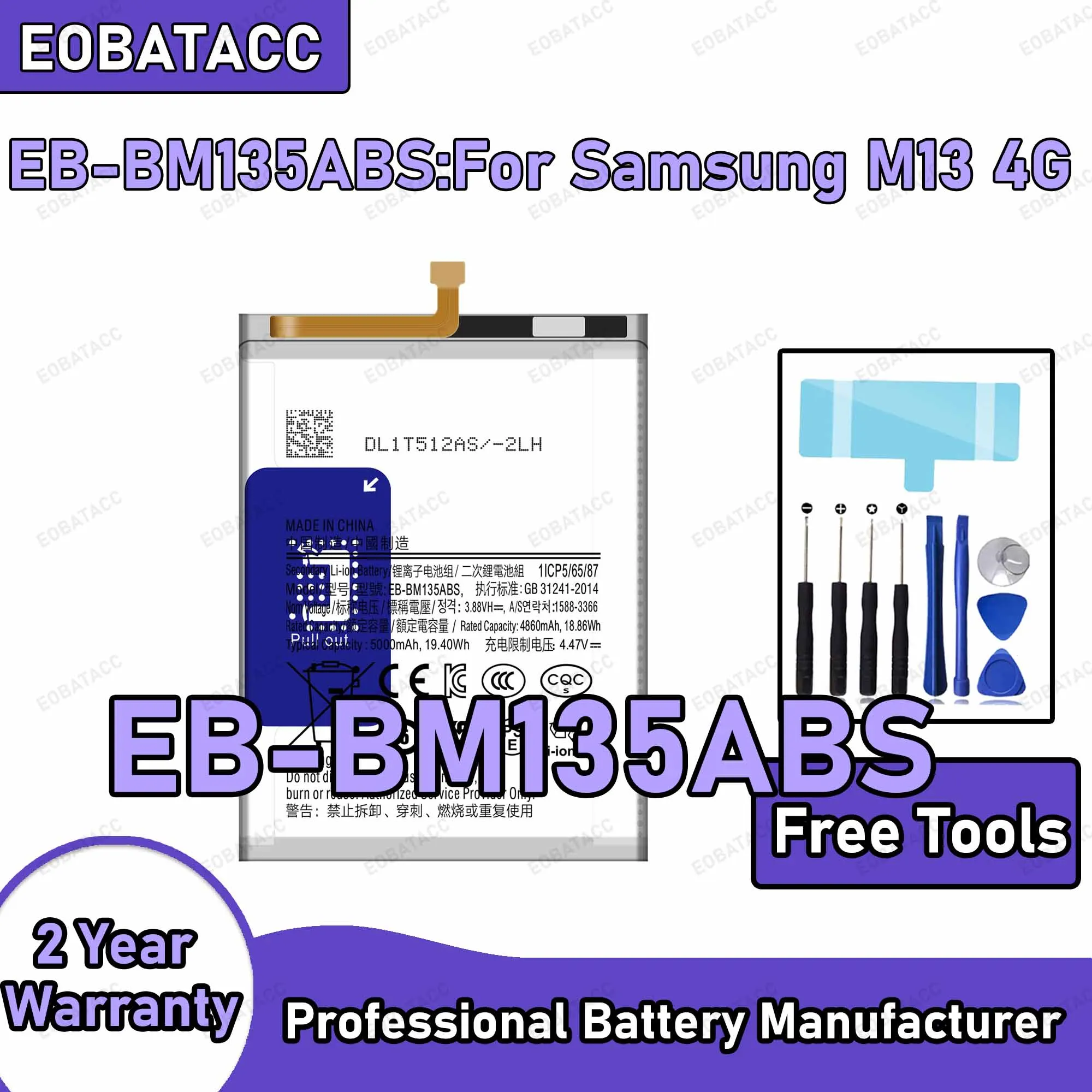 5000mAh EB-BM135ABS Replacement Battery for Samsung Galaxy M13 4G Repair Tools Kit