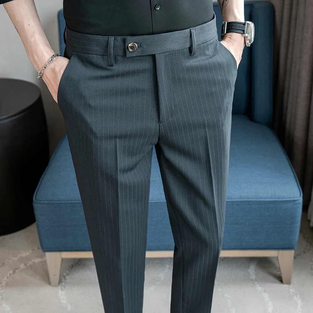 Men's Vertical Striped Business Casual Pants for Fall and Winter, Daily Commute Straight Leg Ankle-length Trousers.