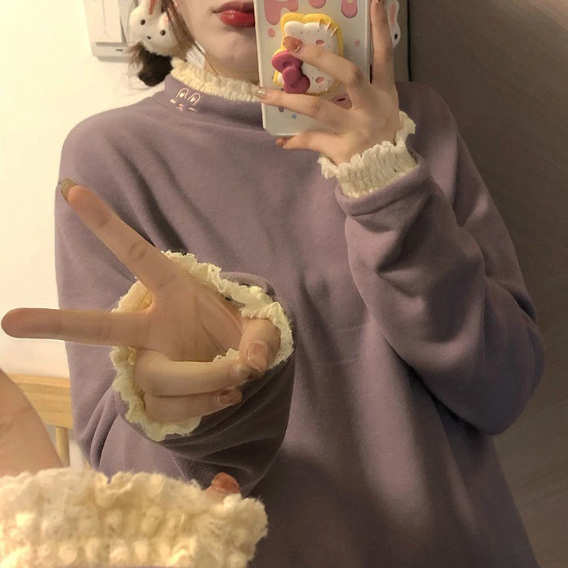 Chic Rabbit Embroidery Fleece Basic Turtleneck T-shirts Women Cute Lolita Lace Long Sleeve T Shirt Girl Harajuku Sweet Tees Top