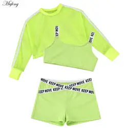 Kid Girl Cool Hip Hop Dance Outfits 3pcs Breathable Workout Short Net Blouse +Tank Top +Boyshorts Set Jazz Street Dance Costume