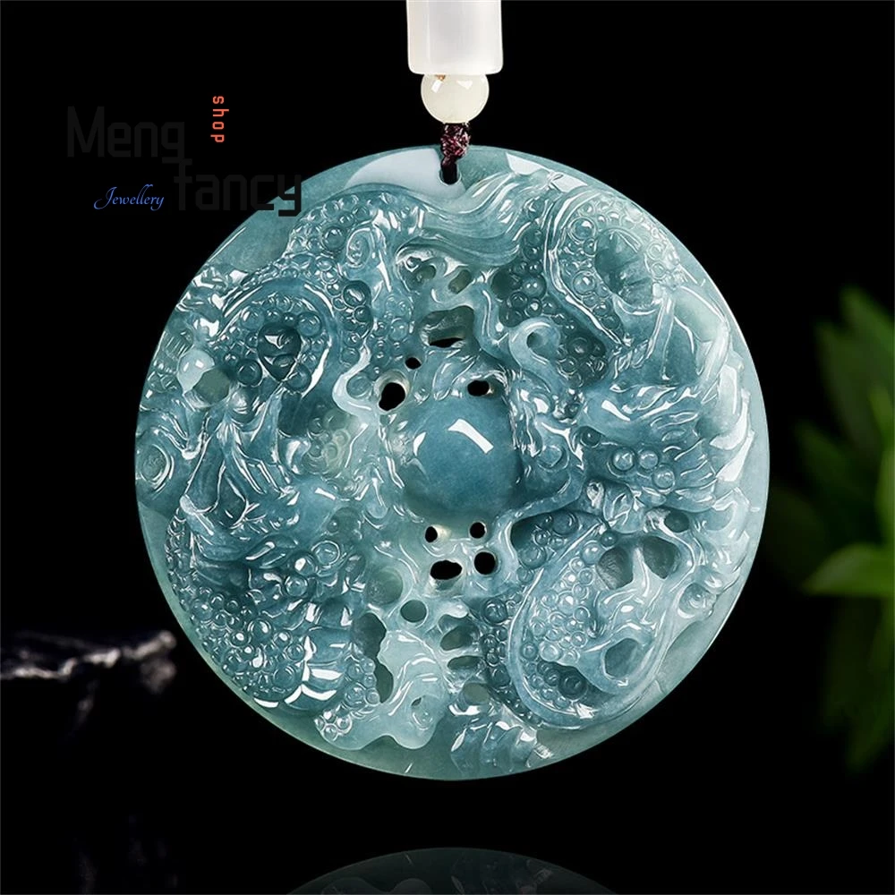 

Natural A-grade Jadeite Blue Water Double Dragon "Xizhu" Zodiac Dragon Prosperous Business Pendant Ice-type Jade Fashion Jewelry