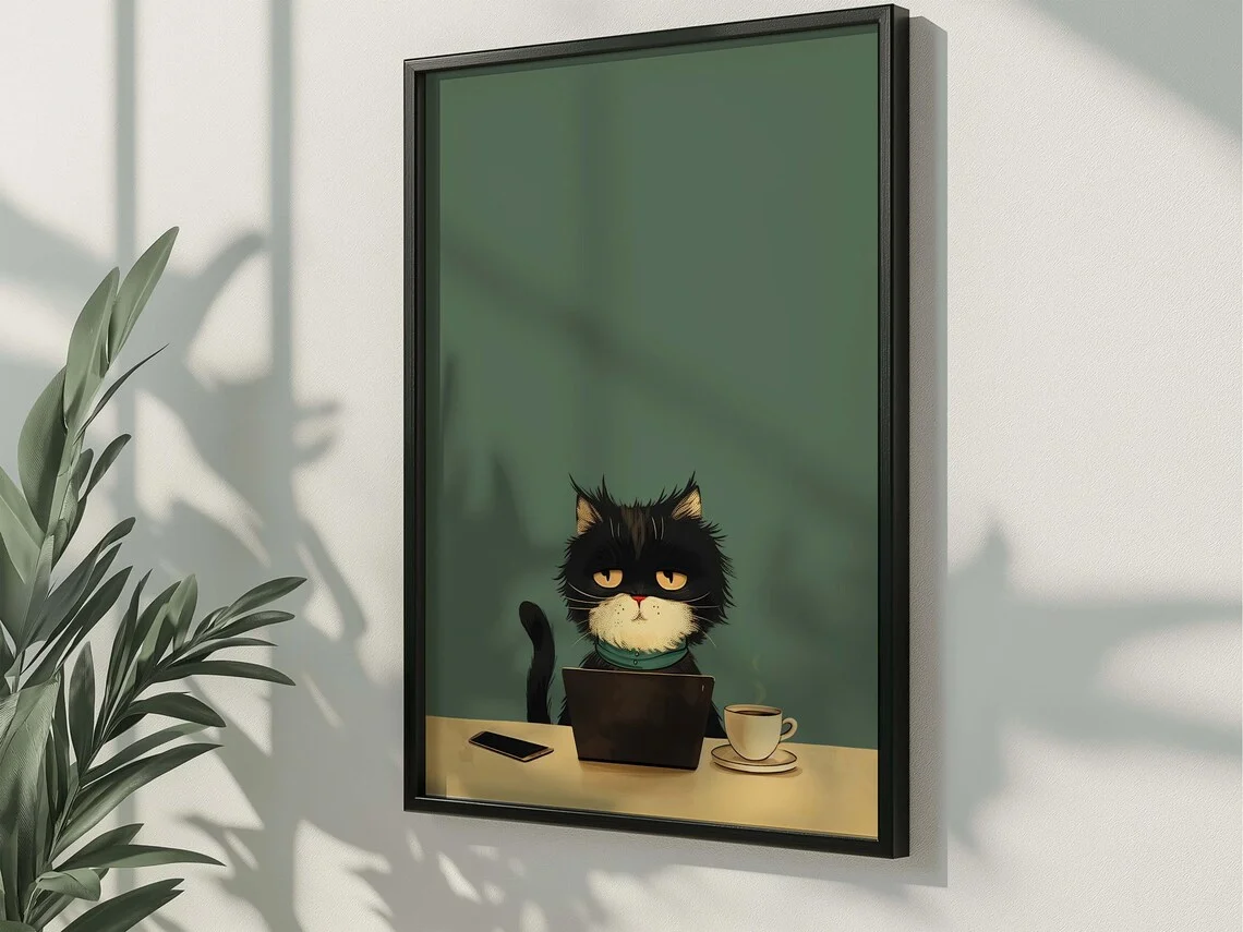 “Whimsical Grumpy Black Cat Wall Art: Cute Feline Working from Home with Laptop & Coffee – Retro-Styled Office/Living Room Decor