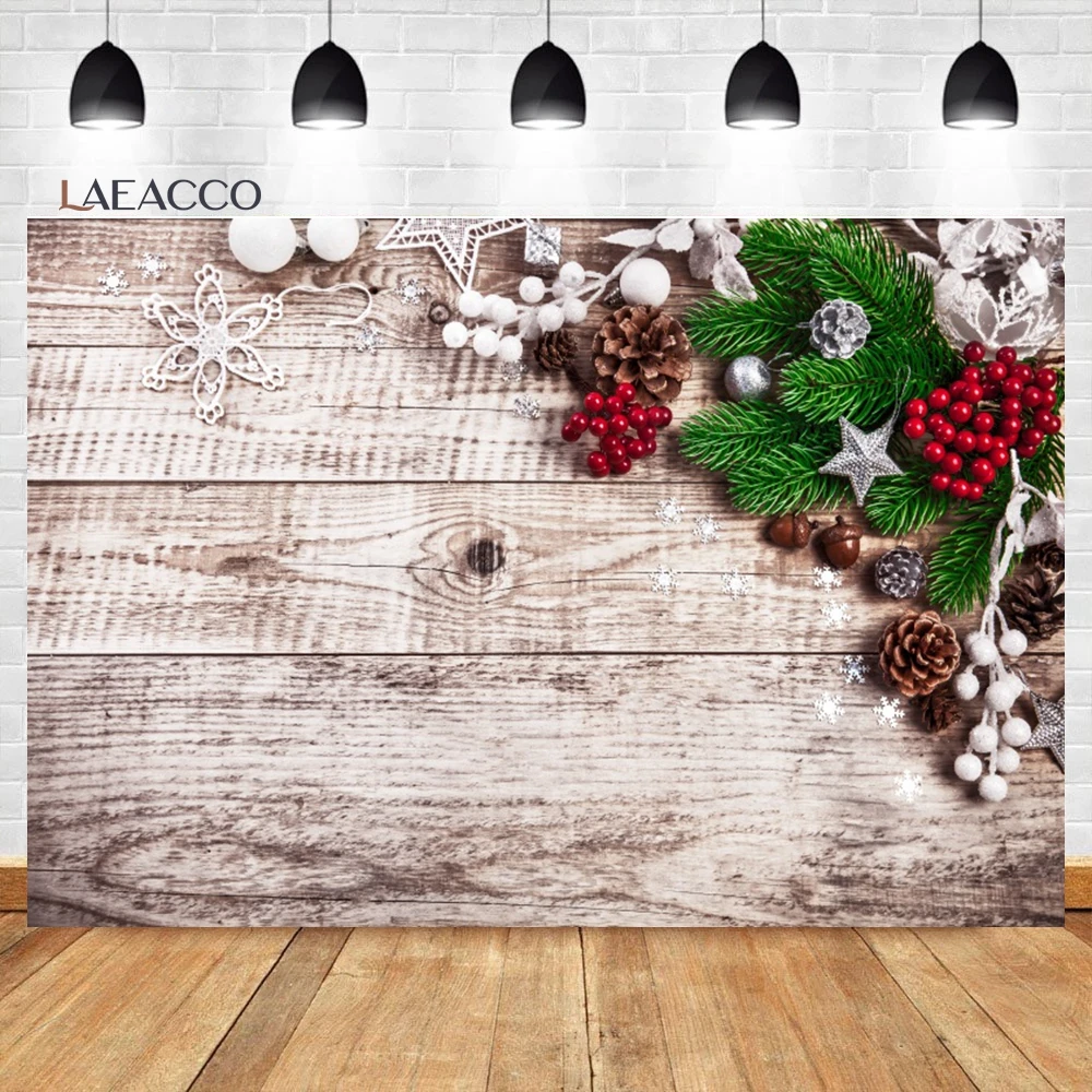 Laeacco Christmas Wood Wall Backdrop Winter Snow Wooden Board Pine Branches Lights New Year Family Party Photography Background