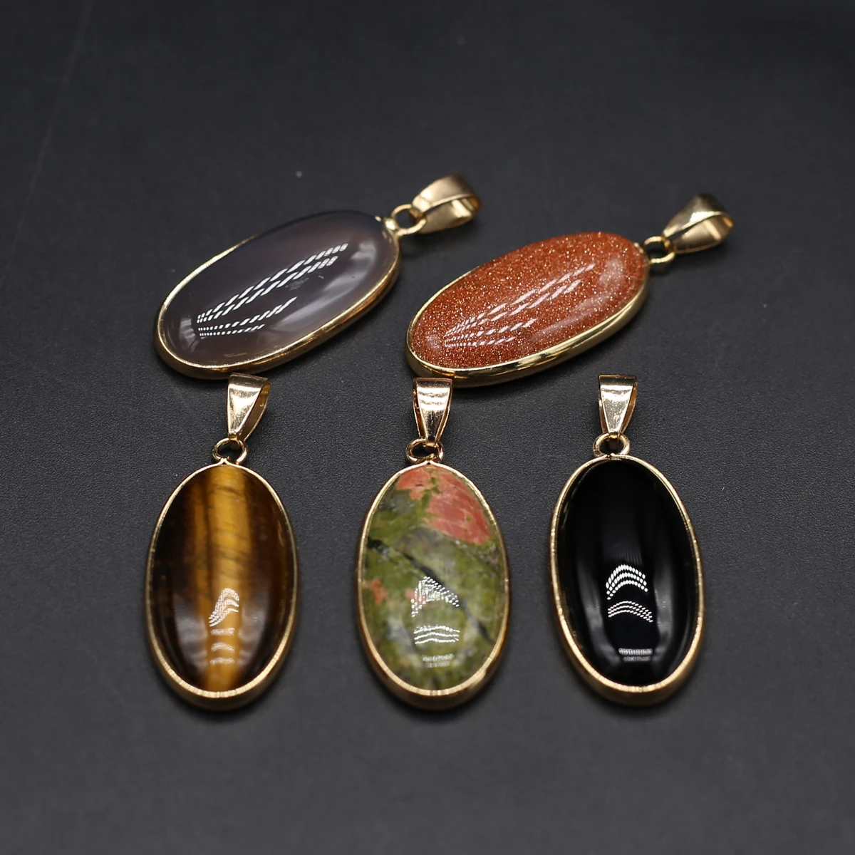 Natural Stone Pendants Agates Necklace Oval Shape Unakite Tiger Eye Stone for Jewelry Making Good Quality Gift