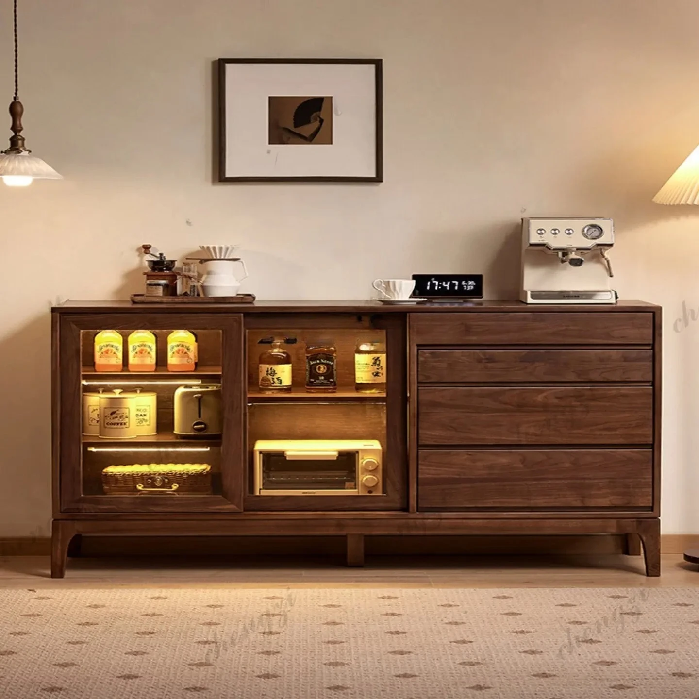 North American black walnut dining side cabinet Nordic solid wood home locker living room wall glass