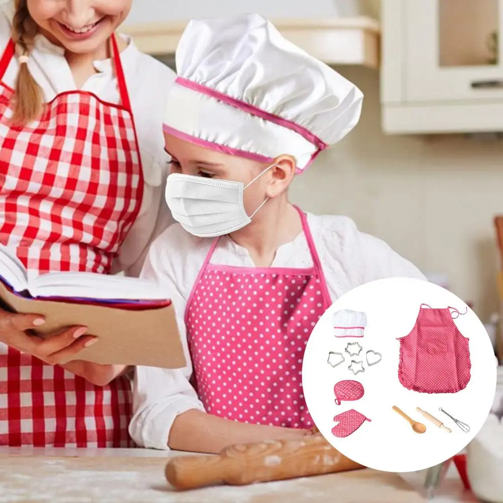 Kids Apron Cooking Apron Gloves Hat Set Girls Chef Toy Combo Hat Oven Mitt Cooking Toddler Chef Costume Role Play Baking Toy Set