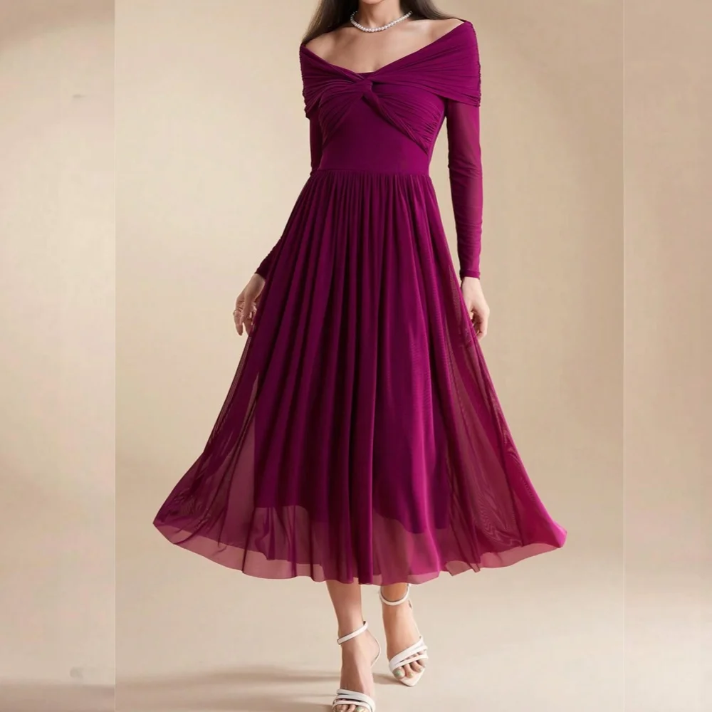 Customized Classic Chiffon Pleat A-line Off-the-shoulder Midi Dresses Homecoming Dresses Exquisite Modern Style Pastrol  Chinese