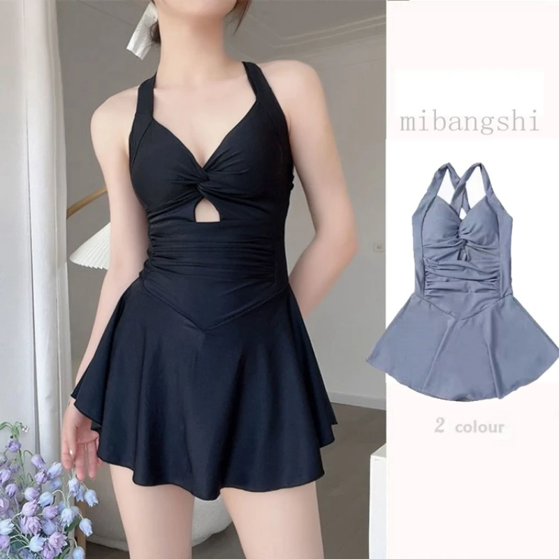 One-piece swimming costume female summer pure desire wind conservative belly-shading thin hanging neck halter sexy hot springs s