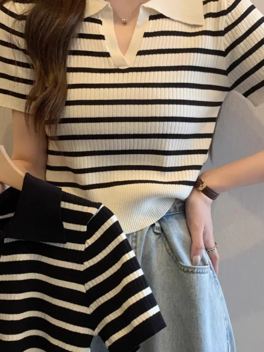 

Slim Fit Neck Knitwear Women's Short Sleeve Striped Summer New Style College Style Korean Version Regular Thickness