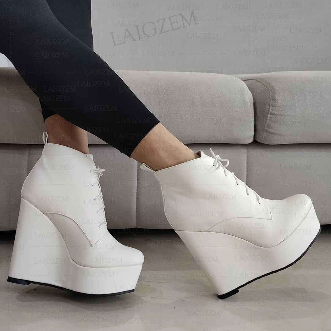 LAIGZEM Women Ankle Boots Platform Wedges Lace Up Faux Leather Short Boots Height Increase Lady Shoes Woman Big Size 41 43 45 52