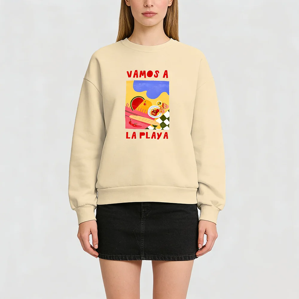 

Womens Round Neck Long-sleeved Velvet Winter Casual Vacation Style Beach Print Sweatshirt Loose Comfort Tops 2025