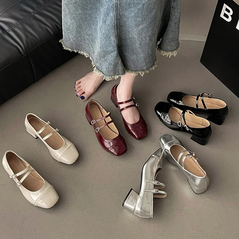 

Весенне-осенняя популярная женская обувь с квадратной головкой и неглубоким носком, однотонная, на низком каблуке с ремешком Мэри Джейн