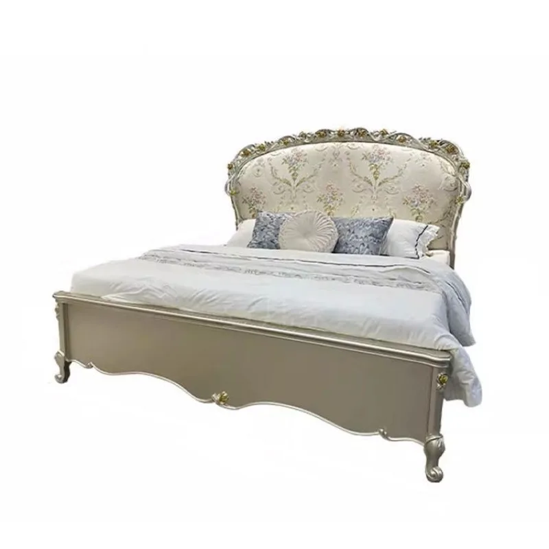 Jacquard fabric embroidery double bed French luxury master bedroom princess bed carved solid wood wedding bed