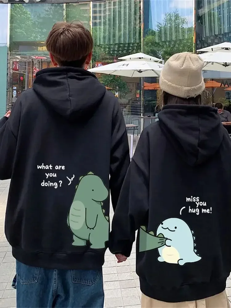 Çiftler için komik dinozor baskı uzun kollu tişörtü y2k giysileri unisex hoodie üstleri ilkbahar ve sonbahar erkek rahat kazak