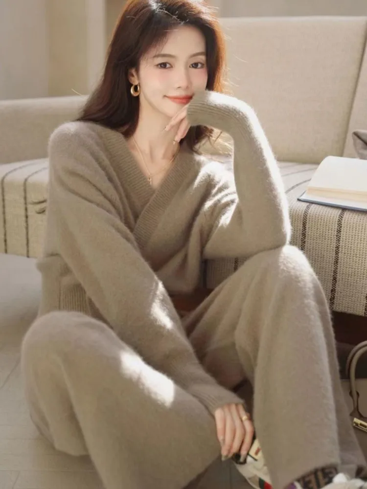 Korean Cashmere Knitted Pants Set Women V-neck Long Sleeve Slim Pullover Sweater+Wide Leg Pants Casual Two Piece Suits Autumn