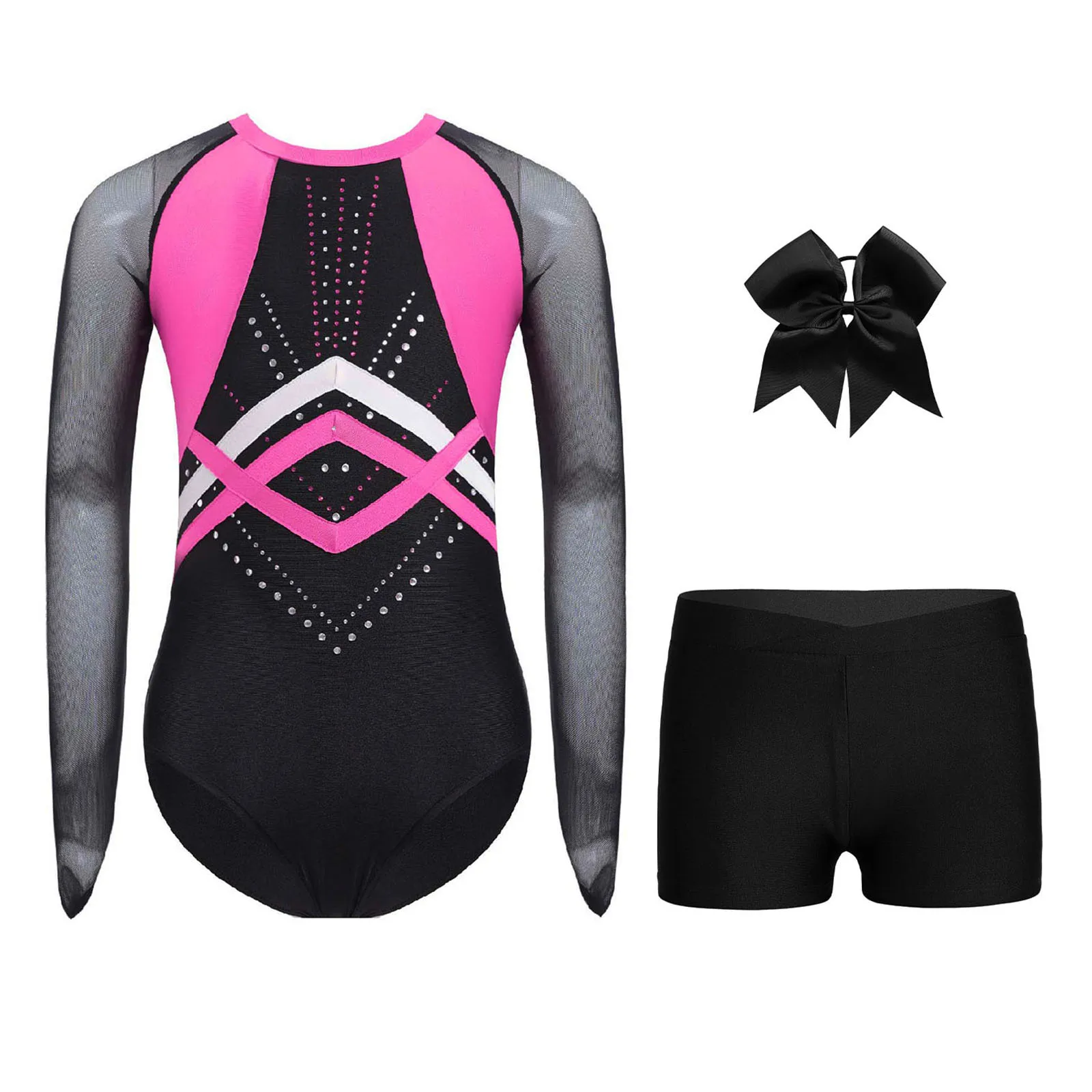 Kids Girls Gymnastics Bodysuit Outfit Sheer Mesh Long Sleeve Color Block Patchwork Shiny Rhinestones Leotard+Shorts+Headwear Set
