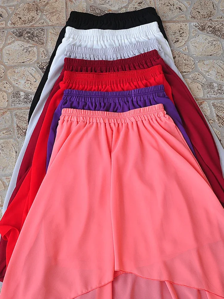 Summer Chiffon Skirts Womens Fashion Asymmetrical Long Skirt  Elastic Waist Solid High Low Calf Long Chiffon Skirt Purple Pink