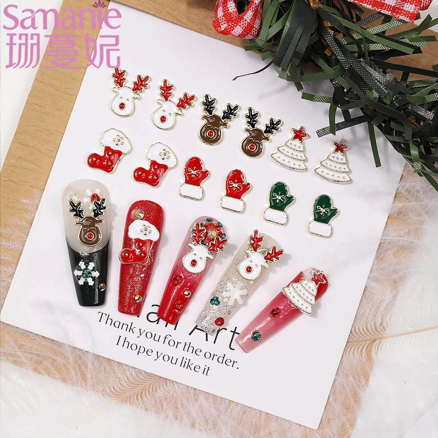 6Grids New Fashion Metal Christmas Trees Elk Nail Art Charm 3D Cute Cartoon Xmas Sock Glove DIY Nails Jewelry Decoration Crafts