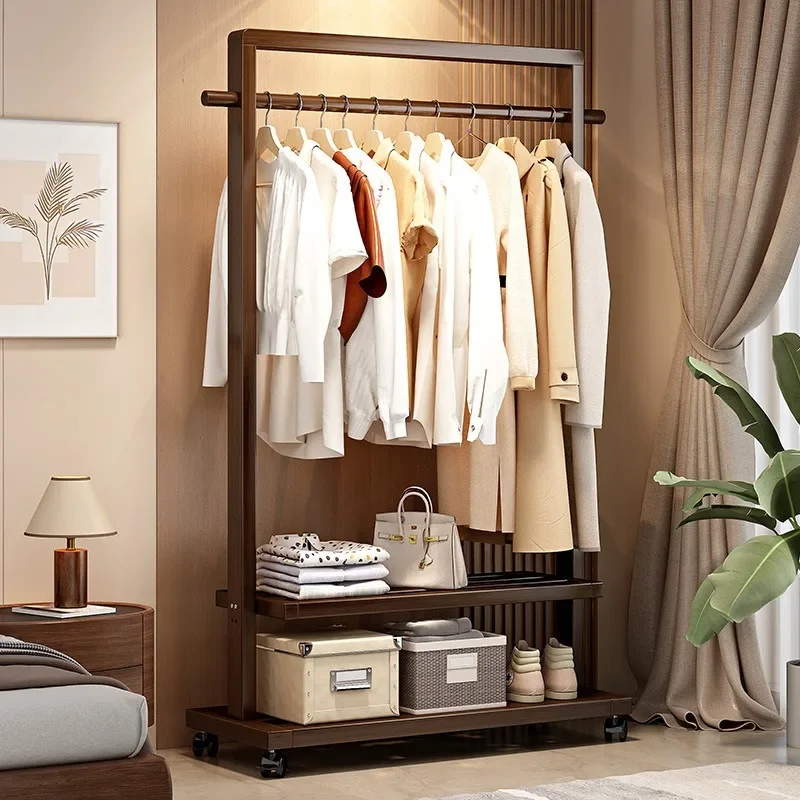Solid wood hanger Floor hanging hanger Bedroom coat rack Household mobile hanging clothes rack Indoor simple drying rack
